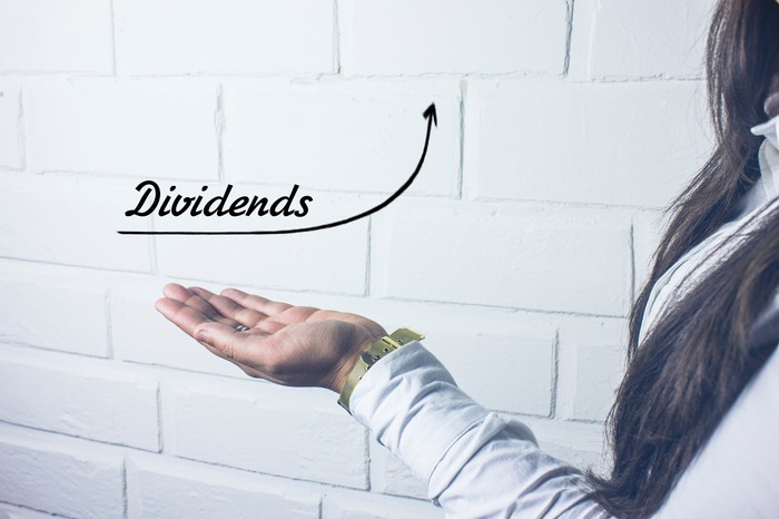 Une personne qui tend la main avec le mot dividendes écrit au-dessus.